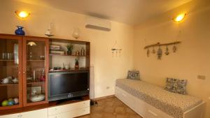 a living room with a bed and a television at Villetta di Rosa in Procchio