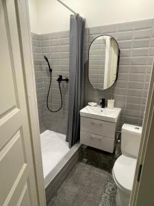 a bathroom with a shower and a toilet and a sink at KART APART in Rīga