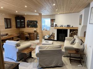 sala de estar con sofás y chimenea en Luxurious Garden Cottage, en Argelès-Gazost