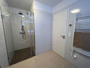 a bathroom with a shower with a glass door at Swan Apartman - Keszthely in Keszthely +16 photos