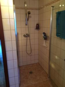 a bathroom with a shower with a glass door at Ferienapartment Kleist in Prerow