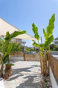 un patio con plantas y sombrilla en Anastasia Apartments Hanioti en Hanioti