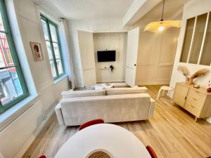 a living room with a couch and a tv at Le Cocon du Robec in Rouen