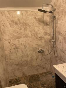 La salle de bains est pourvue d'une douche avec une porte en verre. dans l'établissement Bizim O'ra Küme Evleri & Bungalov, à Macka