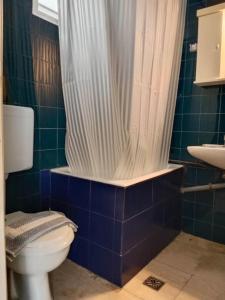 a bathroom with a toilet and a shower curtain at Cherry - HappyHostGr - Downtown Apartment in Volos