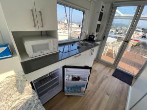 una pequeña cocina con fregadero y microondas en Casa flotante con terraza en un marco inigualable, en Ribadeo