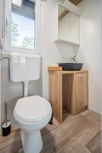 uma casa de banho com um WC branco e um lavatório. em Luxury Home Sanella em Klenovica