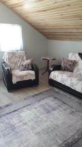 a living room with two chairs and a rug at KESKİN günü birlik konut in Macka