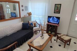 uma sala de estar com um sofá e uma televisão em Eretria vacation house em Erétria