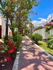 eine Straße mit Blumen und Bäumen und einem Bürgersteig in der Unterkunft Parque Santiago 2 Pure Home Tenerife in Arona