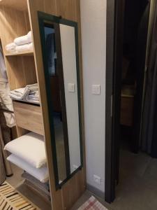 an open door to a bathroom with a mirror at Appartement-terrasse parking privé Meublé de Tourisme 4 étoiles in Belfort