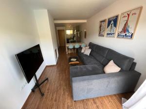 a living room with a gray couch and a flat screen tv at Javalambre Mountain Superski in Camarena de la Sierra