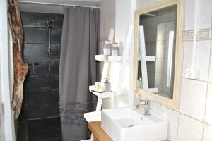 a bathroom with a sink and a mirror and a shower at Strandhof Holnis in Glücksburg