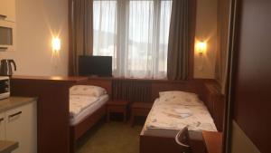Cette chambre comprend 2 lits et une fenêtre. dans l'établissement Hotel Bothe, à Považská Bystrica