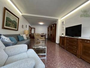 a living room with a couch and a flat screen tv at Apartamentos Dos Torres Alfajería con parking privado gratis in Zaragoza