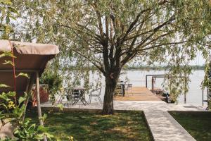 a dock with a tree and a table and chairs at Spinning la Divici in Divici