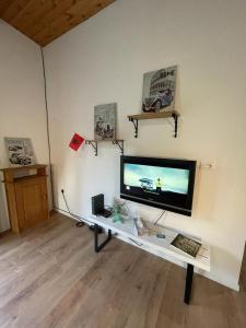 En tv och/eller ett underhållningssystem på Cozy Wooden House