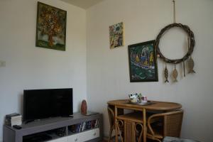 ein Wohnzimmer mit einem TV und einem Tisch in der Unterkunft Villa Joret in Fermanville
