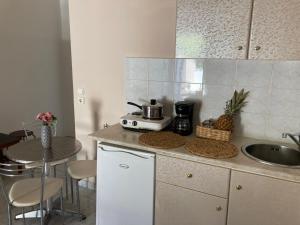 a kitchen with a stove and a sink and a table at SeaSide BayView in Faliraki