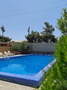 a large blue swimming pool in a yard at May Weather Resort in Bukhara