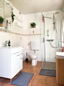 La salle de bains est pourvue d'une douche, de toilettes et d'un lavabo. dans l'établissement "Ohuus" Ferienwohnung mit eingezäuntem Garten, à Büsum
