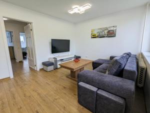 a living room with a couch and a tv at Lovely 2-bedroom flat in the heart of Druskininkai in Druskininkai