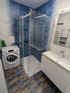 ein Badezimmer mit einer Waschmaschine und einer Glasdusche in der Unterkunft Lovely 2-bedroom flat in the heart of Druskininkai in Druskininkai