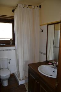 a bathroom with a toilet and a sink and a mirror at Acogedor apartamento con jardín en Ger in Ger