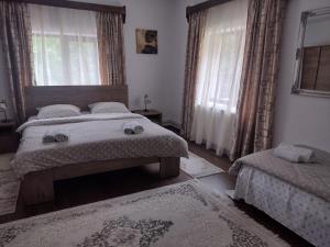 a bedroom with two beds and two windows at Casa Radu in Novaci