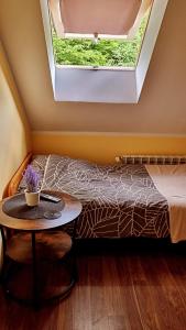 sypialnia z łóżkiem i stołem z oknem w obiekcie Leśne Klimaty w Polańczyku