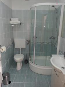 een badkamer met een douche, een toilet en een wastafel bij New Studio Apartments Trlaja in Šibenik