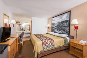 um quarto de hotel com uma cama e uma televisão em Super 8 by Wyndham Bridgeport/Clarksburg Area em Bridgeport