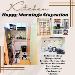 a collage of pictures of a kitchen with a flyer at Happy Mornings Staycation at Trees Residences QC in Manila