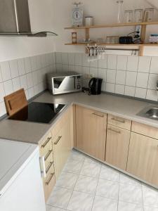 a kitchen with a sink and a microwave at Ferienwohnung Teichblick -Balkon- in Dresden
