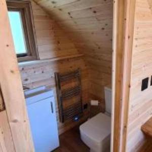 uma cabana de madeira com um lavatório e um WC em Fox Lodge at Heygates Lodging - with hot tub 