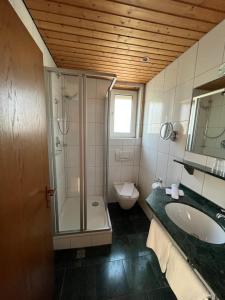 uma casa de banho com um chuveiro, um lavatório e um WC. em Hotel Schön em Aßmannshausen