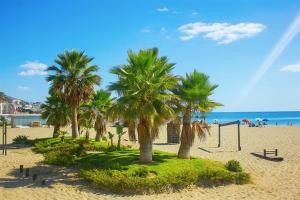 a beach with palm trees and a volley ball hoop at Luxury Suites Fuengirola 2 in Fuengirola