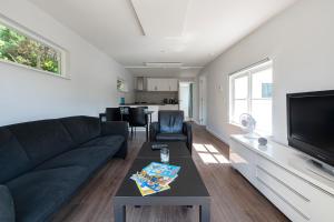 ein Wohnzimmer mit einem Sofa und einem TV in der Unterkunft 54, Prachtige natuur voor fietsers! in Oisterwijk