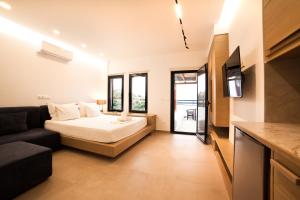 1 dormitorio con cama, sofá y TV en Blue Dawn Kalymnos en Kalymnos