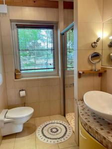baño con aseo y lavabo y ventana en Ferienhaus Biedermann en Wiek auf Rügen 