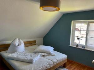 ein Schlafzimmer mit einem Bett mit blauer Wand und einem Fenster in der Unterkunft Ferienhaus Biedermann in Wiek auf Rügen 