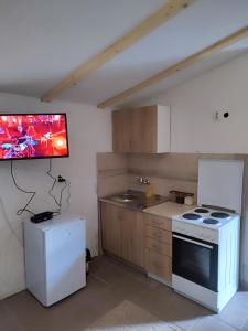 a kitchen with a stove and a tv on the wall at Vikendica Ribnik 