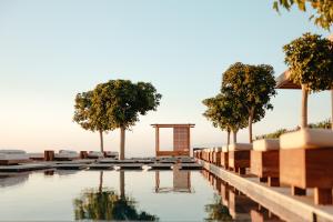 une piscine d'eau avec des arbres et un bâtiment dans l'établissement Canaves Epitome - Small Luxury Hotels of the World, à Oia