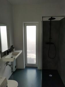 a bathroom with a shower and a sink and a window at Das Weiße Haus mit Boddenblick in Klausdorf Mecklenburg Vorpommern