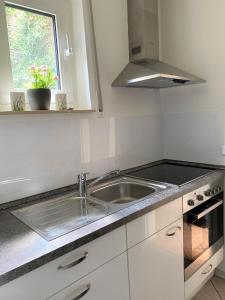 a kitchen with a sink and a stove and a window at Ferienwohnung in Bad Segeberg in Bad Segeberg