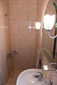 een badkamer met een douche, een wastafel en een toilet bij Katerina luxury suites in Elia Laconias
