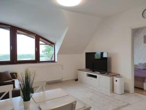 a living room with a flat screen tv and a couch at Kőrisfa Apartman in Alsópáhok