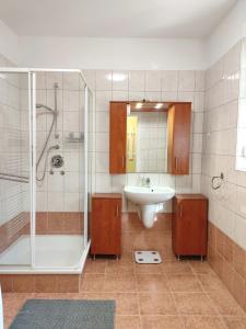 y baño con lavamanos, ducha y lavamanos. en Kőrisfa Apartman, en Alsópáhok