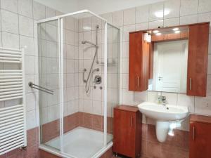 y baño con ducha y lavamanos. en Kőrisfa Apartman, en Alsópáhok