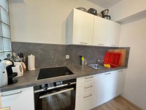 a kitchen with white cabinets and a sink at Muralto-Locarno: Collina Apt. 32 in Muralto +13 photos